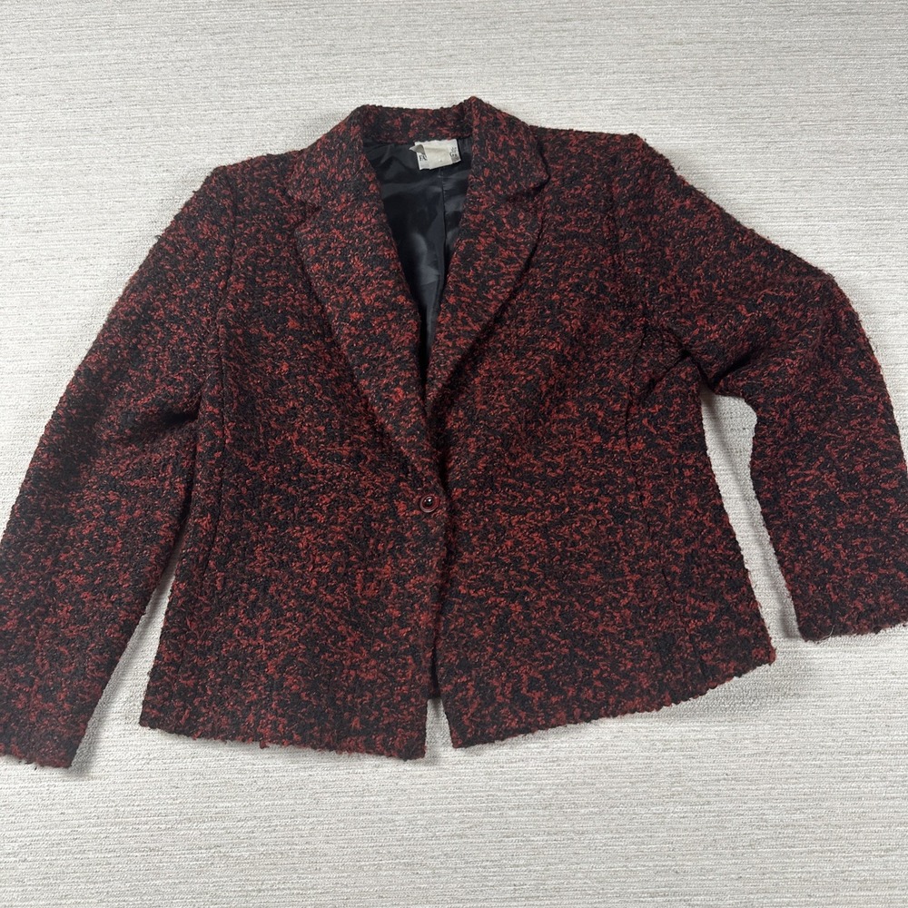 Vintage 90s Boucle Blazer L Red Black Old Money Preppy Academia Made USA Tweed